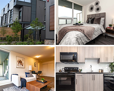 An exterior view of the apartment building in Langford BC, an interior view featuring a furnished bedroom, a furnished living room, and a kitchen.